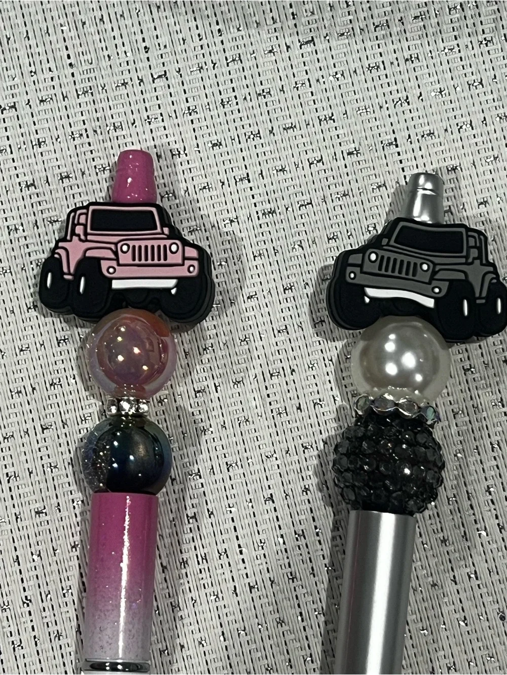 2pc Custom Off-Road SUV Beaded Pen Set • Pink & Silver Glitter Rhinestone